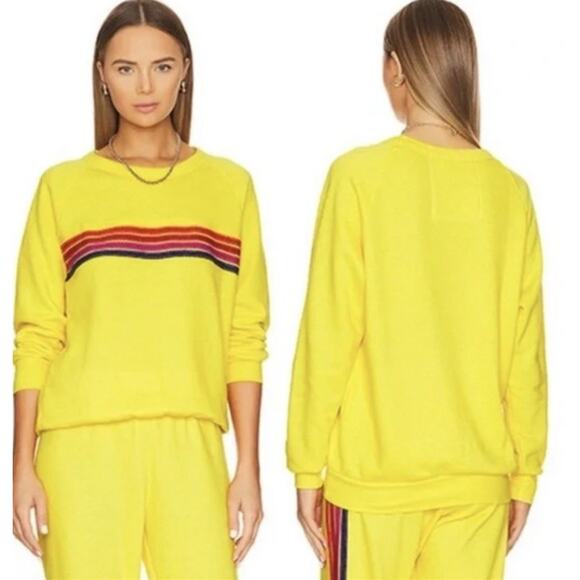 AVIATOR NATION Five Stripe Crewneck Sweatshirt In Lemon Yellow Sz S NWT $185 - Picture 1 of 9